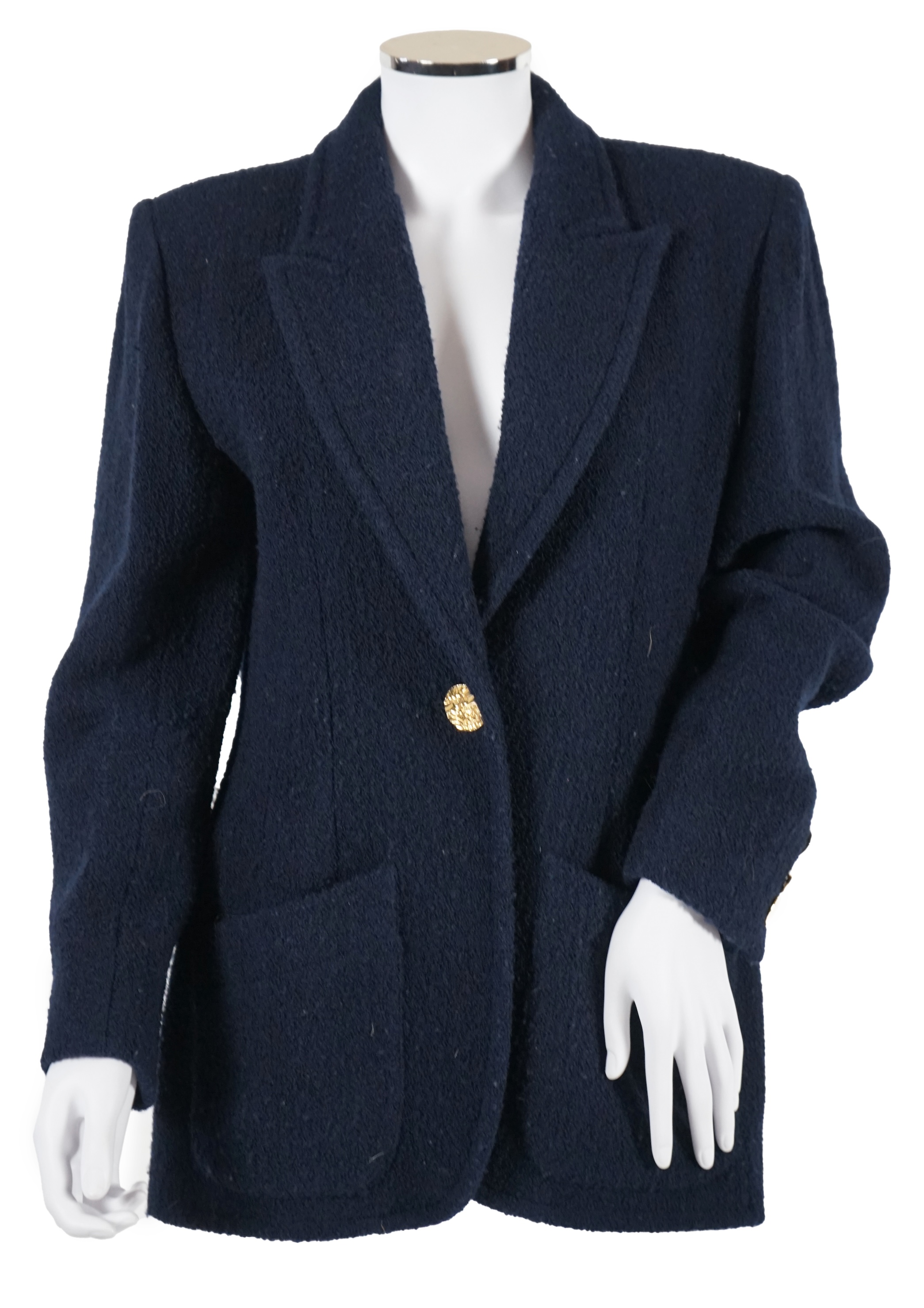 A vintage Yves Saint Laurent variation lady's navy blue wool textured blazer, F 40 (UK 12). Proceeds to Happy Paws Puppy Rescue